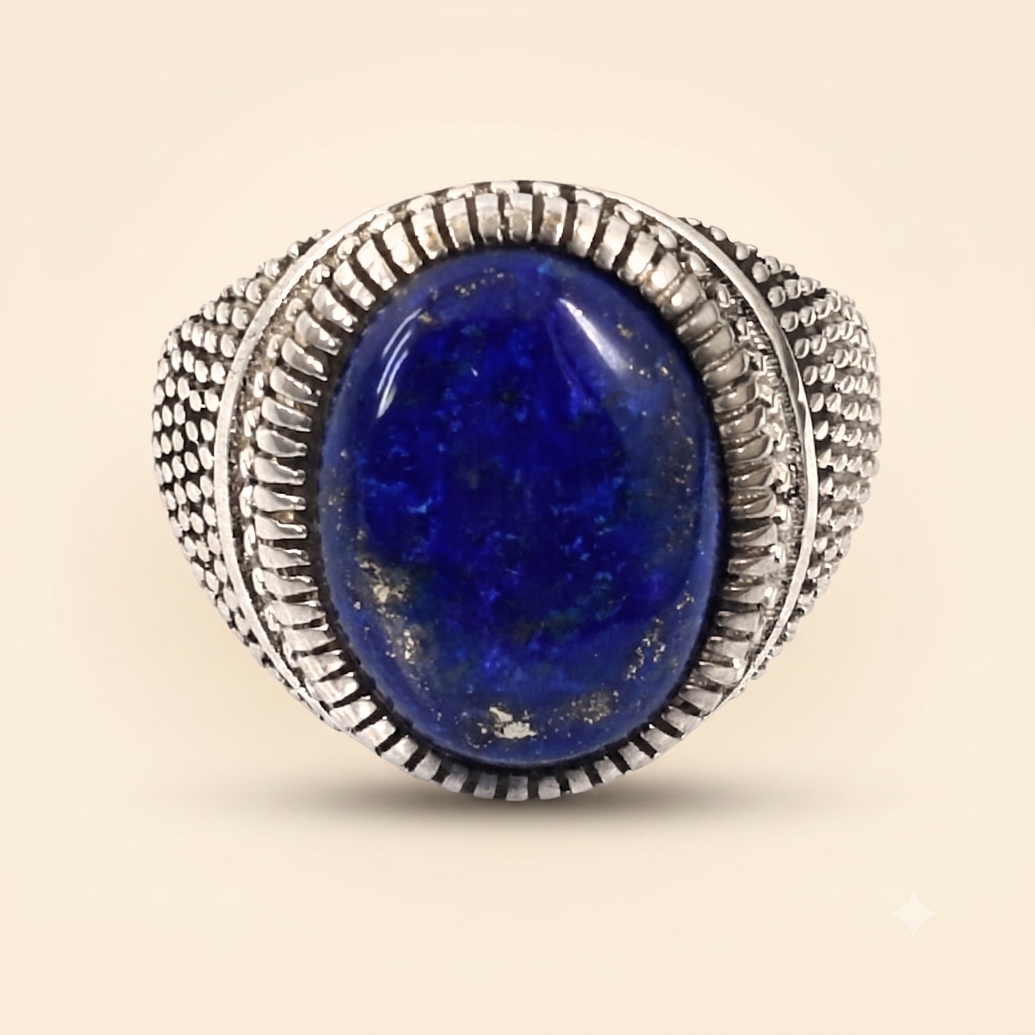 Natural Lapis Lazuli Ring in Silver-Tone Setting | Round Cabochon Gemstone Ring – 36 CT