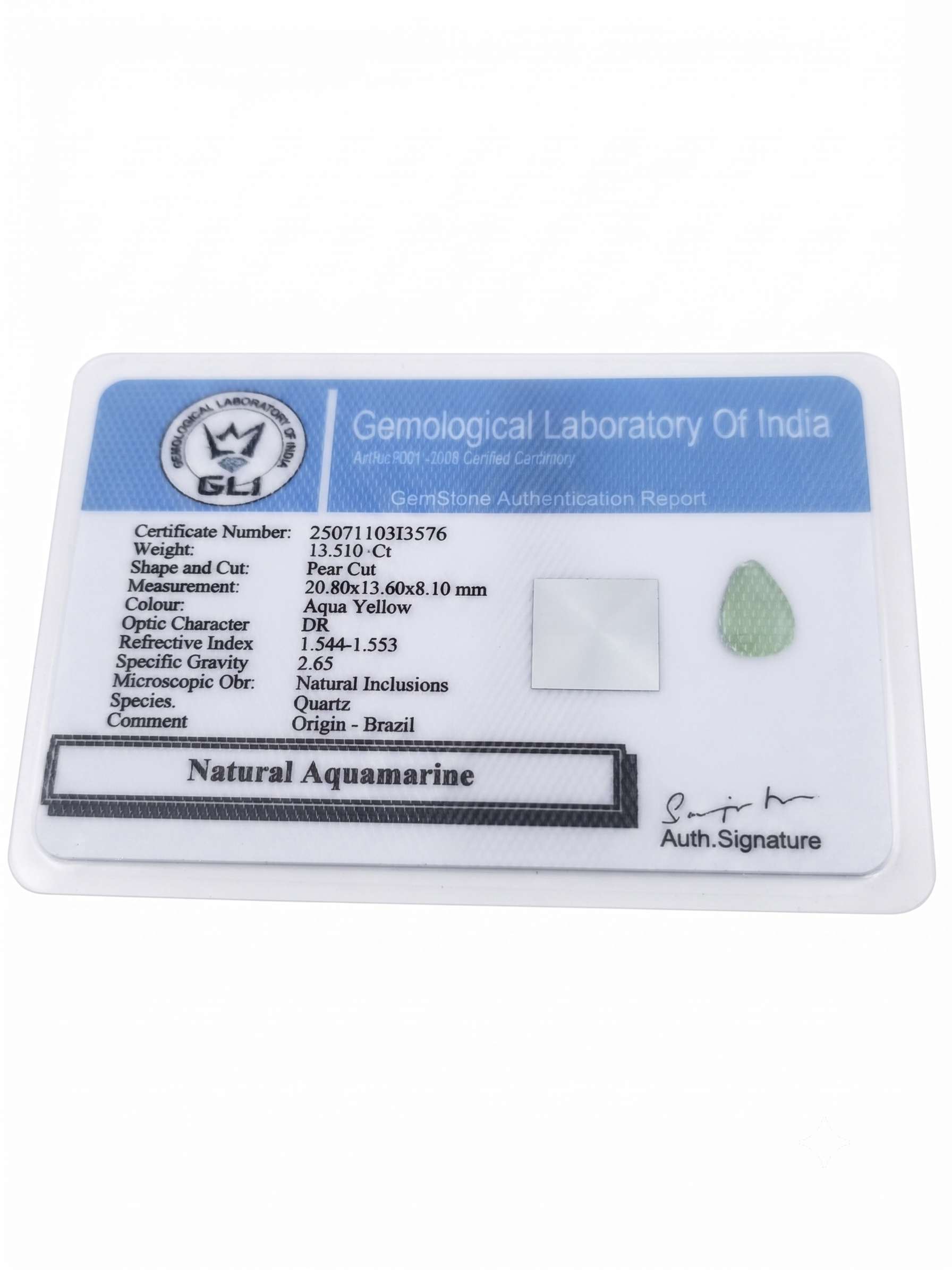 Natural Aquamarine 13.510 Ct Brazilian Gemstone