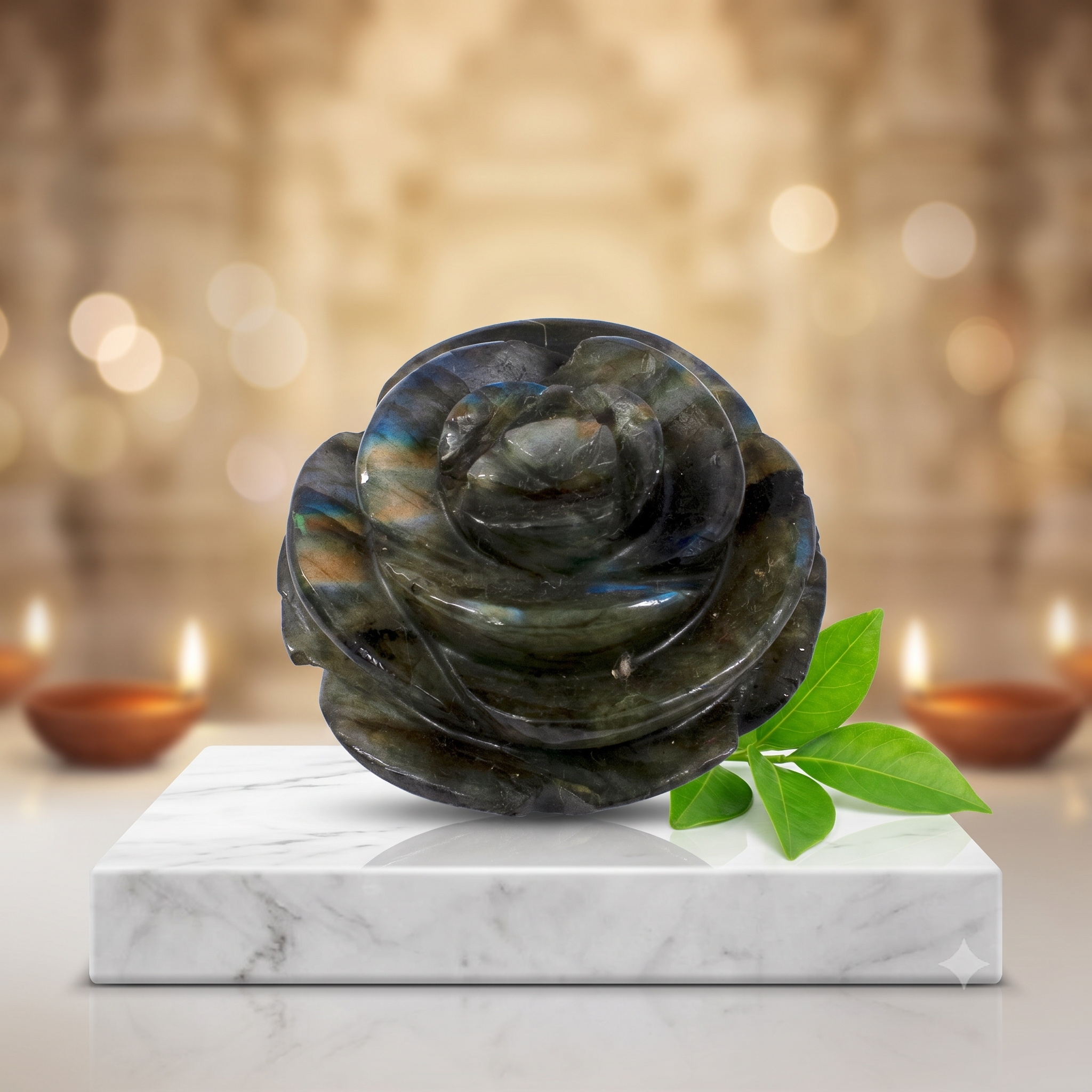 Natural Labradorite Hand-Carved Rose Flower Crystal – Healing Gemstone Rose for Energy & Decor