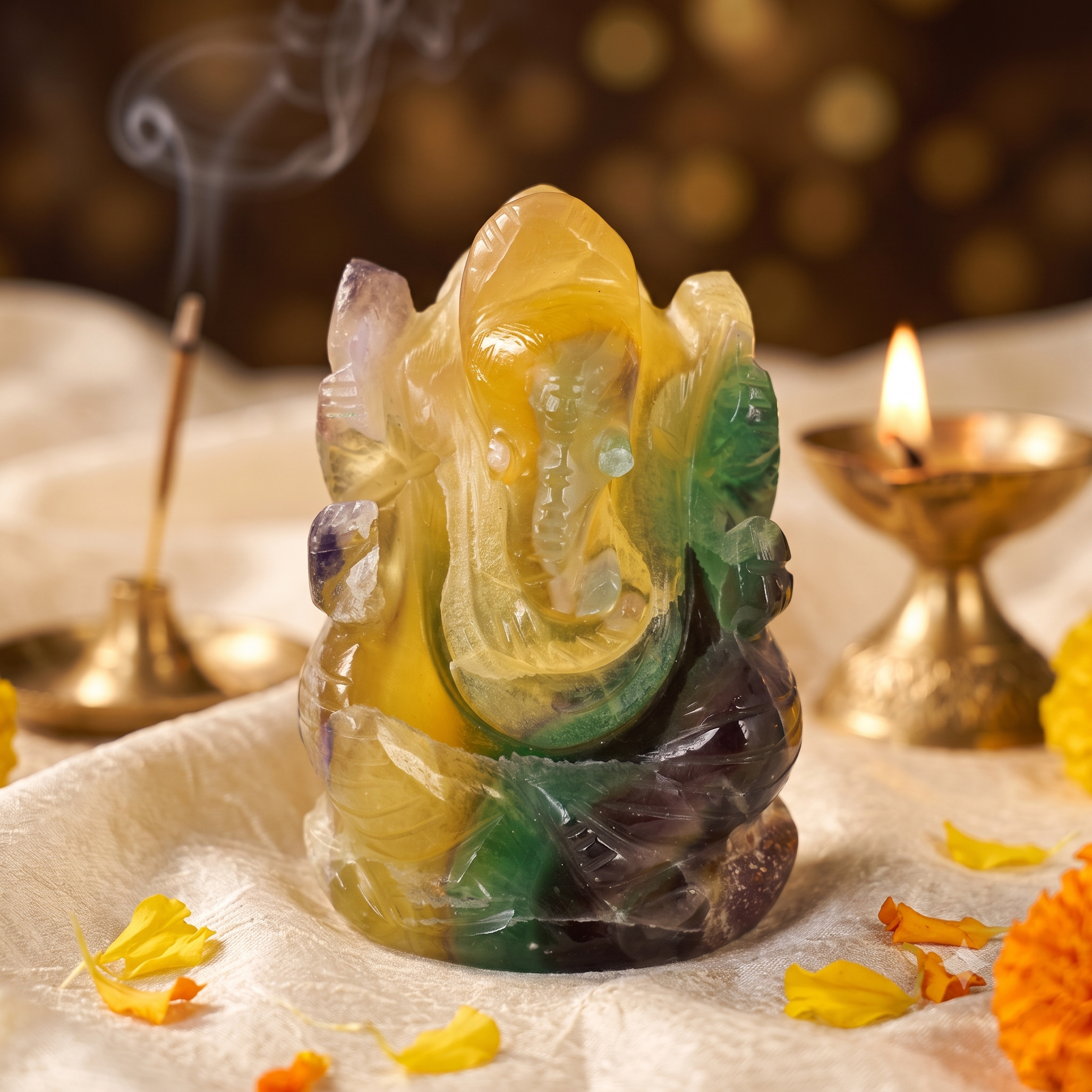Natural Multi Fluorite Lord Ganesha Idol | Hand-Carved Crystal Ganesh Statue for Home & Temple