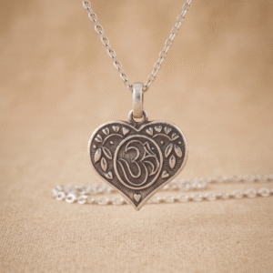 Heart Shaped Om Silver-Tone Pendant with Chain | Spiritual Pendant – 24.45 CT