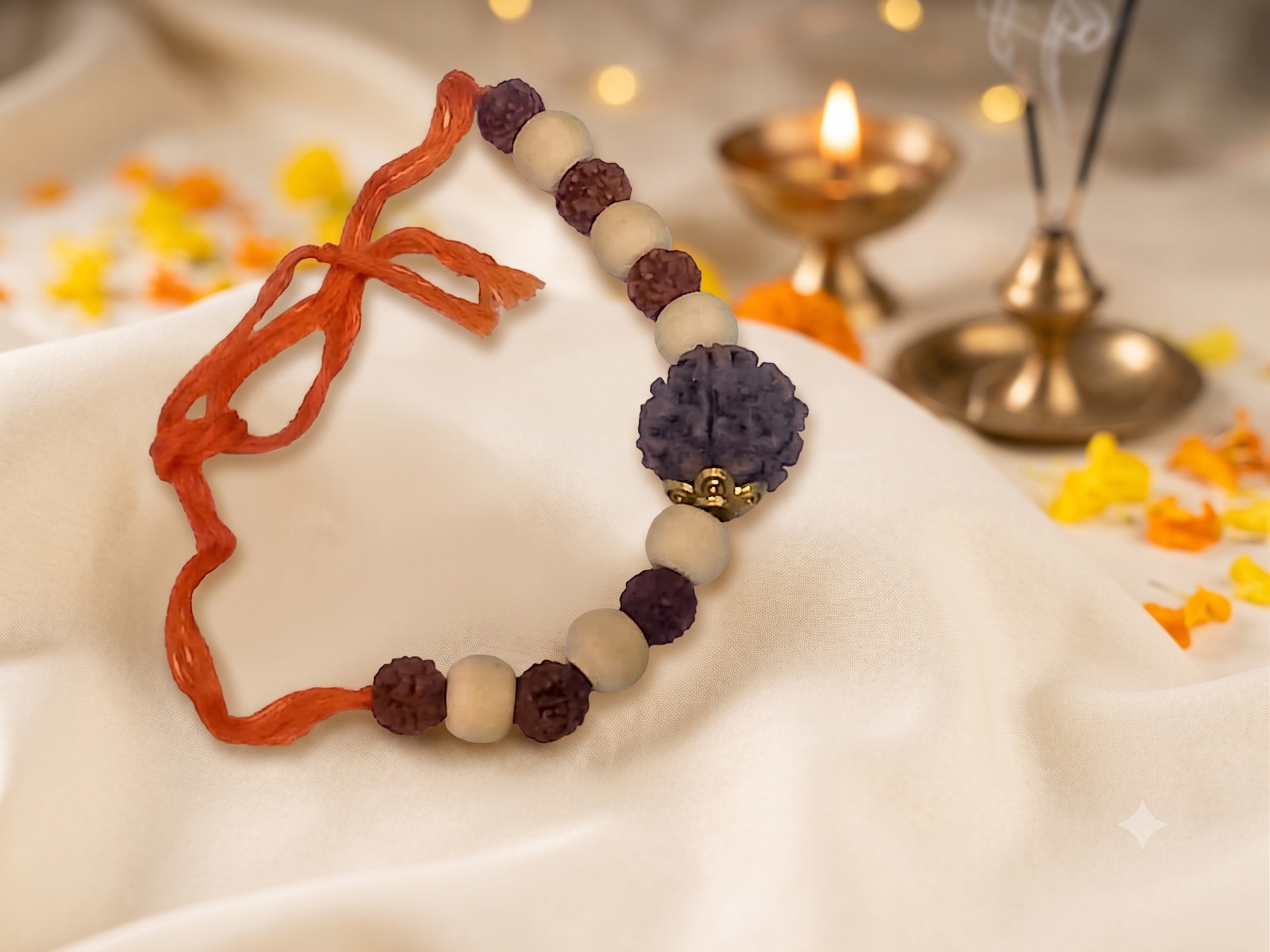 Natural Rudraksha & Chandan Bracelet with 5 Mukhi Rudraksha | Handmade Spiritual Wrist Mala | Unisex