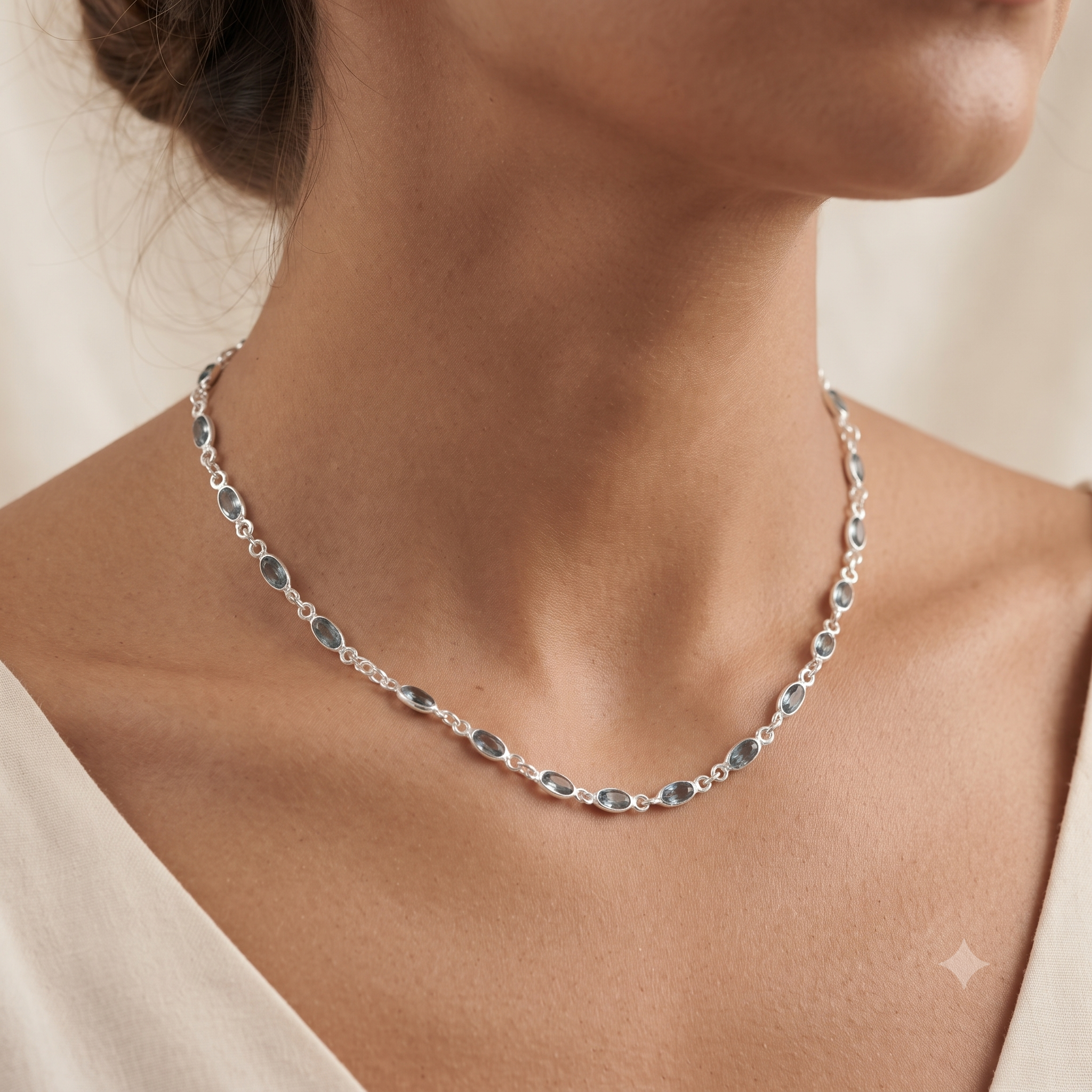 Natural Aquamarine Gemstone Silver-Tone Chain Necklace | Faceted Blue Stone Necklace