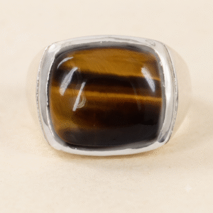 Natural Tiger’s Eye Ring in Silver-Tone Setting | Square Cabochon Gemstone Ring – 32.30 CT