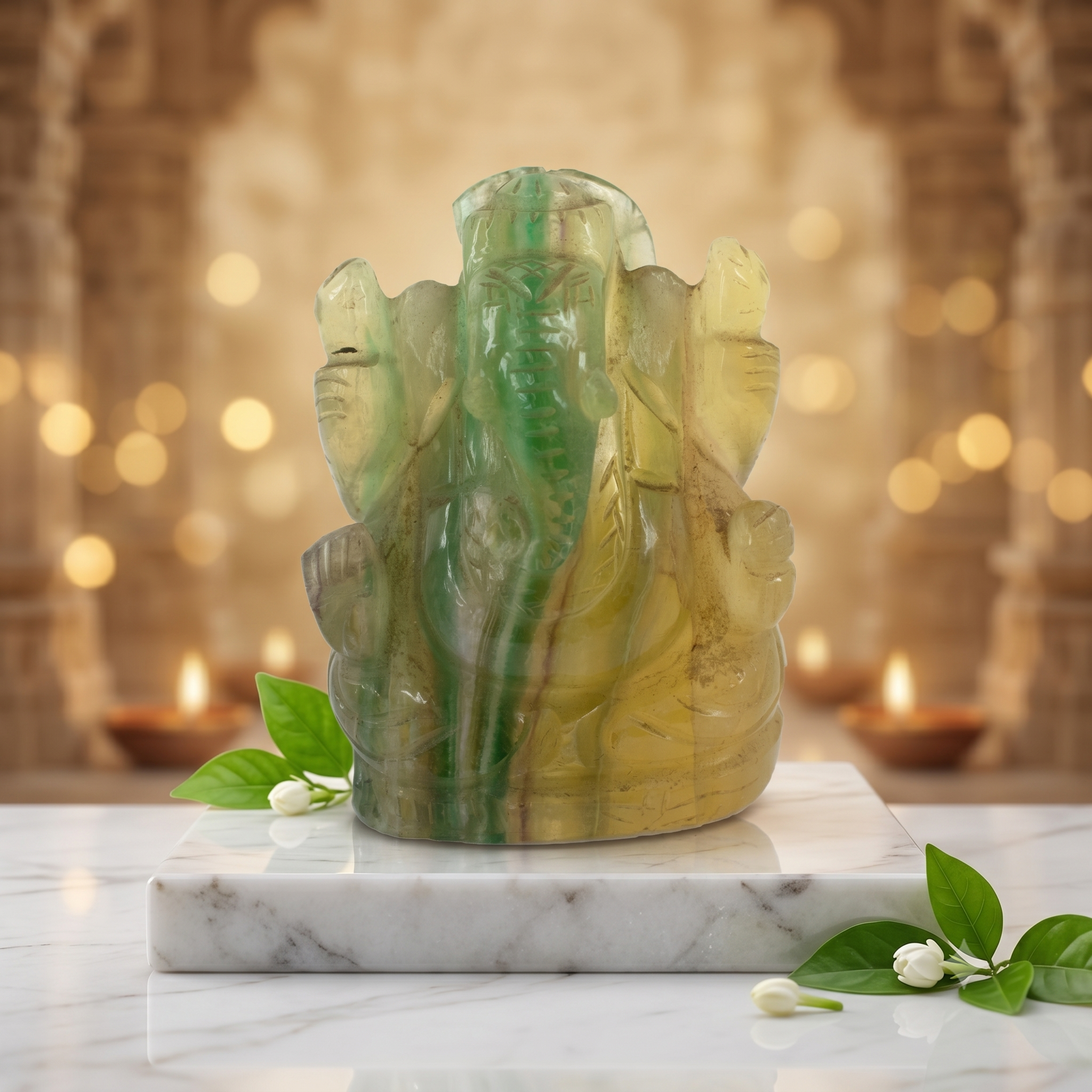 Natural Green Yellow Fluorite Ganesha Idol – Hand Carved Crystal Ganesh Statue for Healing, Vastu & Spiritual Décor