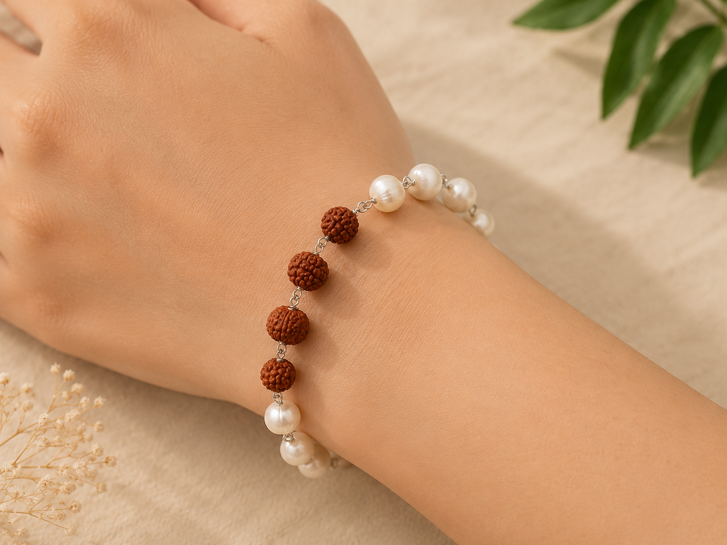 Natural 8 Mukhi Java Rudraksha & Freshwater Pearl Bracelet (Silver Finish) - Image 3