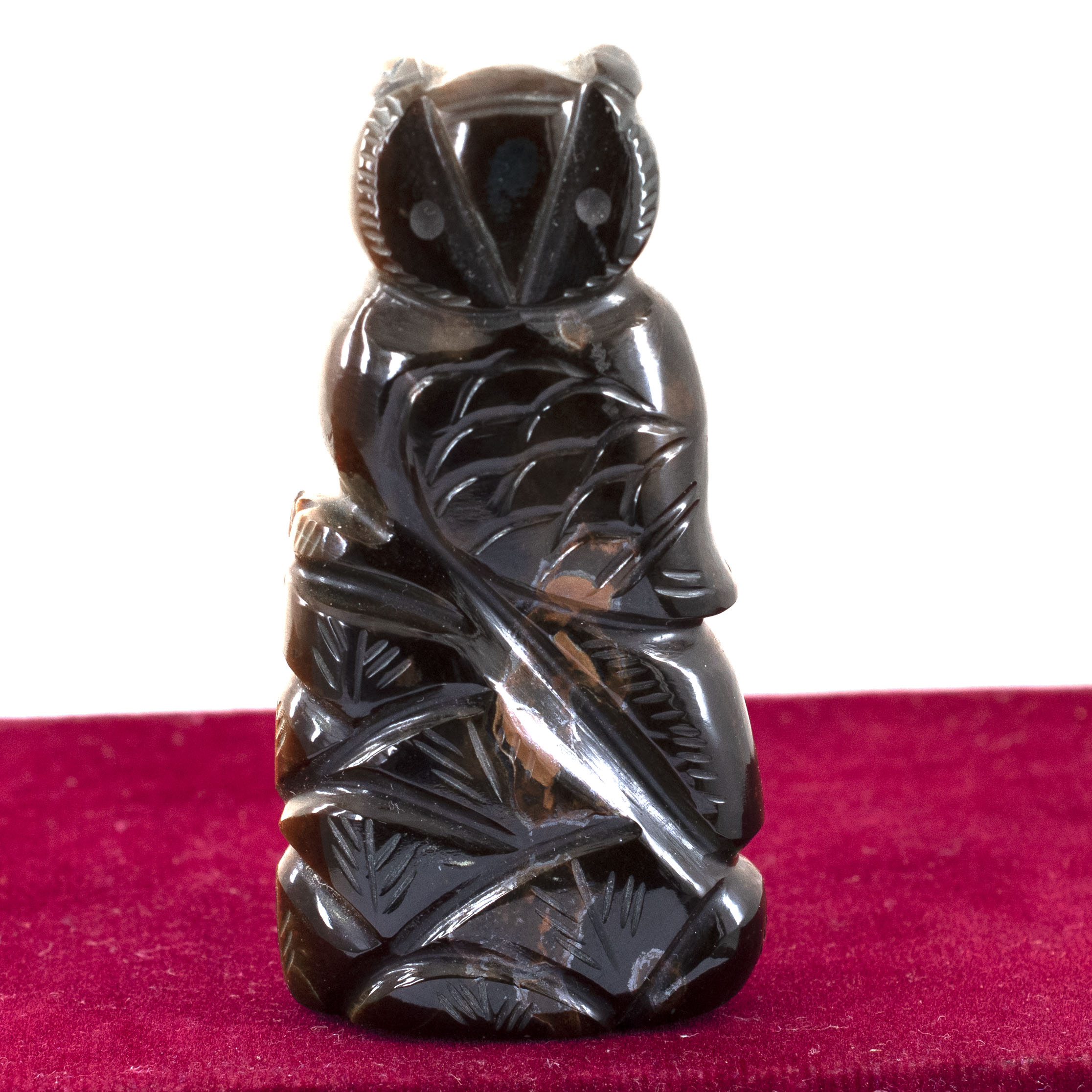 Obsidian Tiger’s Eye Owl Carving / Handcrafted Gemstone Owl Statue Detailed Listing: