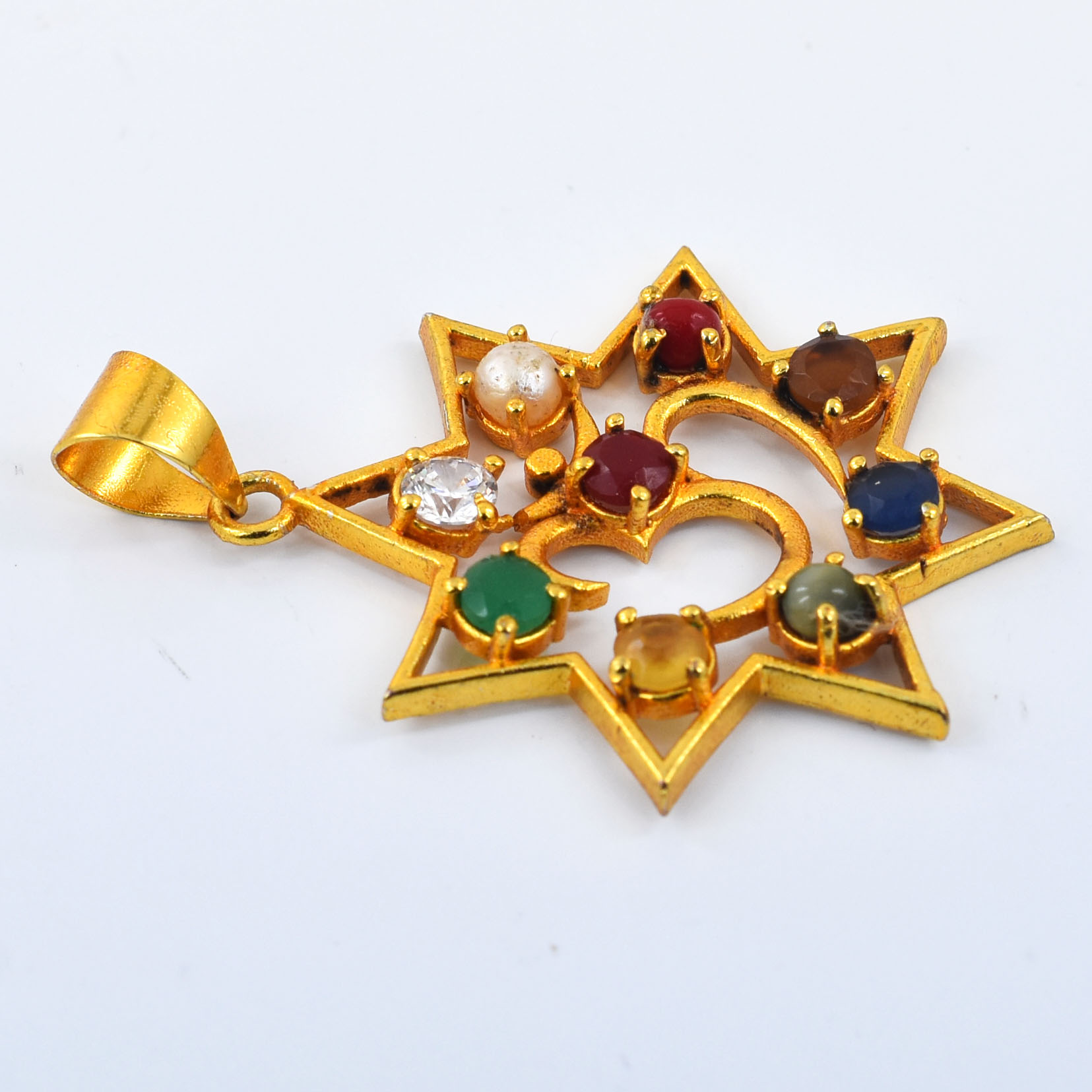 30.90 Ct Natural Navratna Om Pendant | Gold Plated Spiritual Gemstone Pendant - Image 9