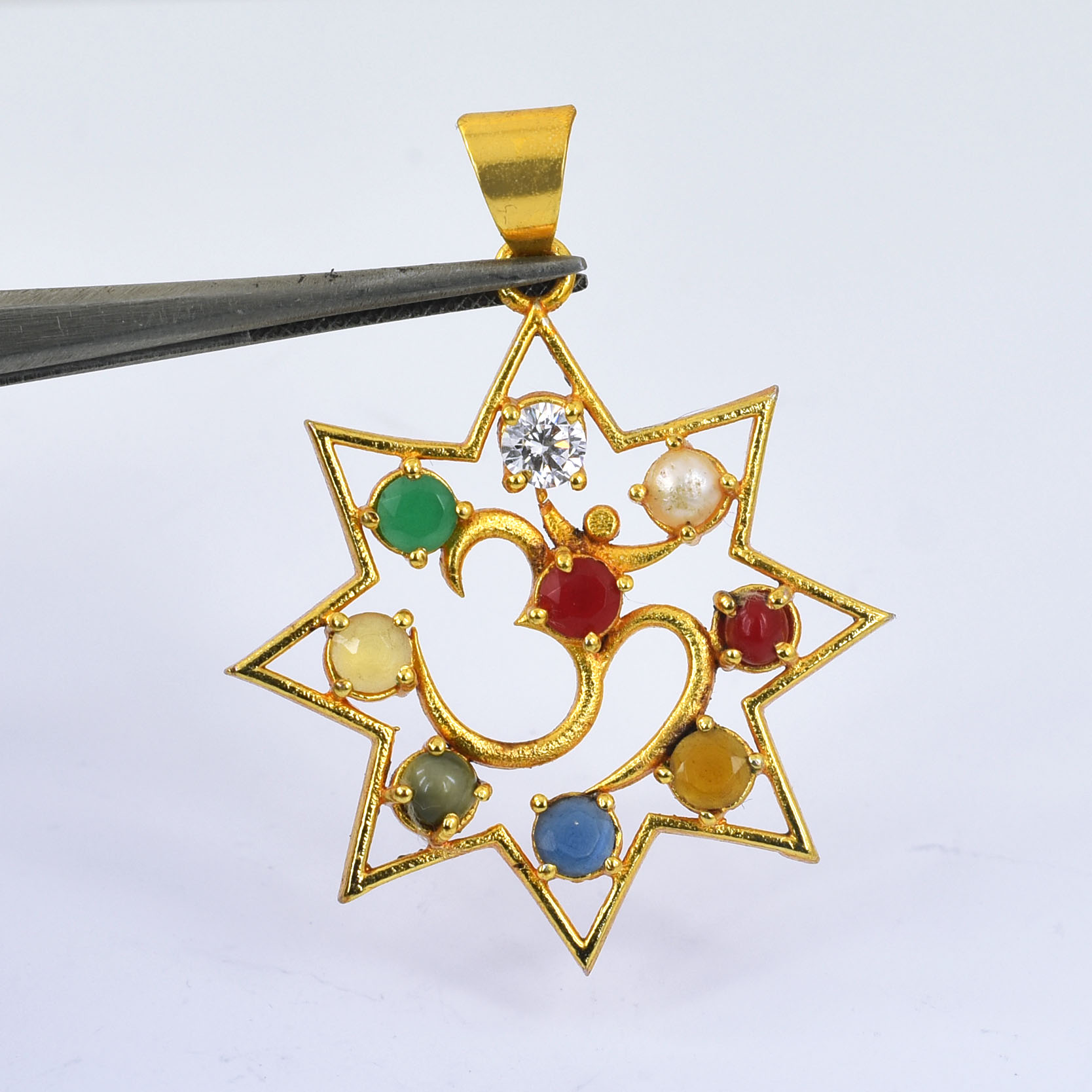 30.90 Ct Natural Navratna Om Pendant | Gold Plated Spiritual Gemstone Pendant - Image 8