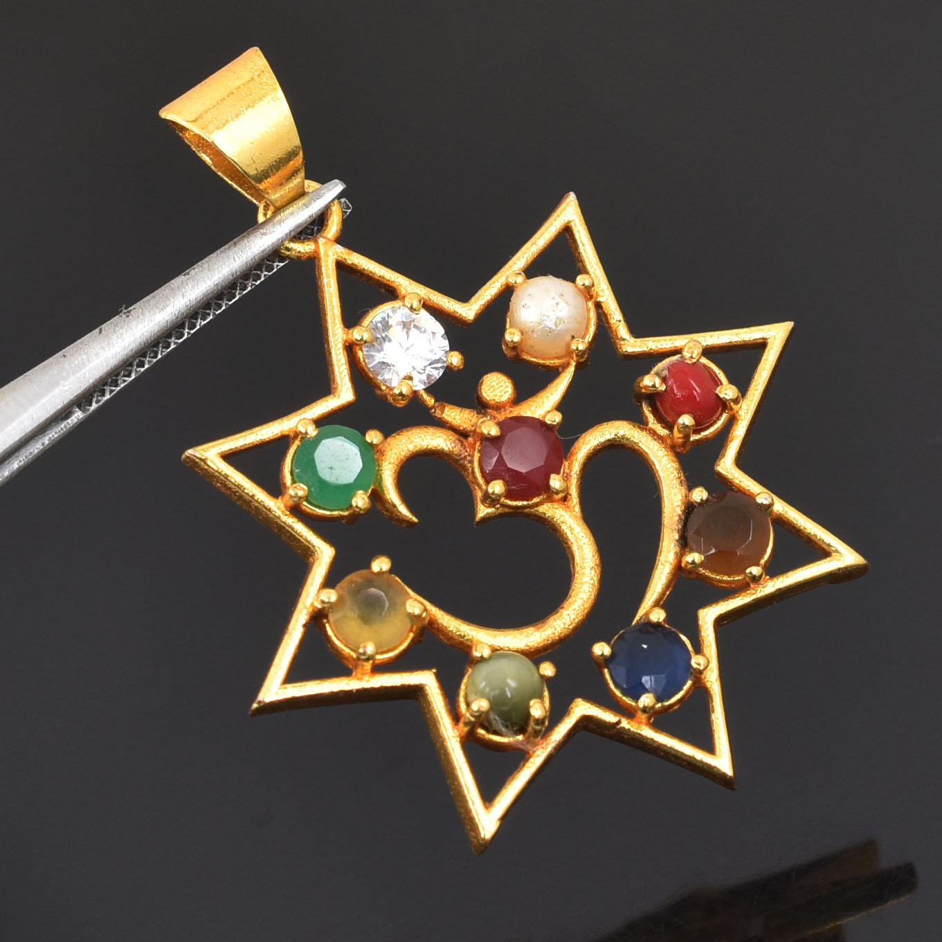 30.90 Ct Natural Navratna Om Pendant | Gold Plated Spiritual Gemstone Pendant - Image 7