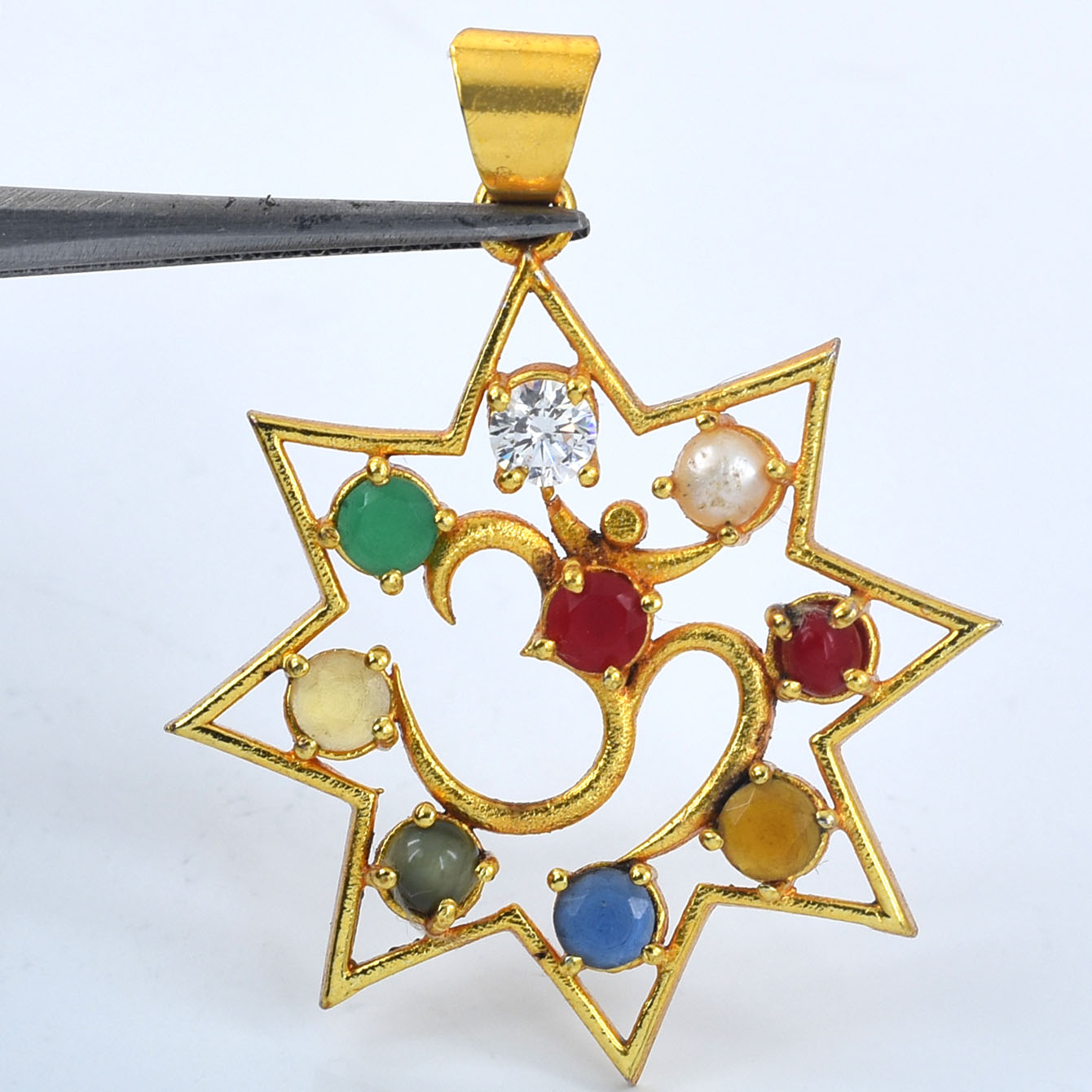 30.90 Ct Natural Navratna Om Pendant | Gold Plated Spiritual Gemstone Pendant - Image 6