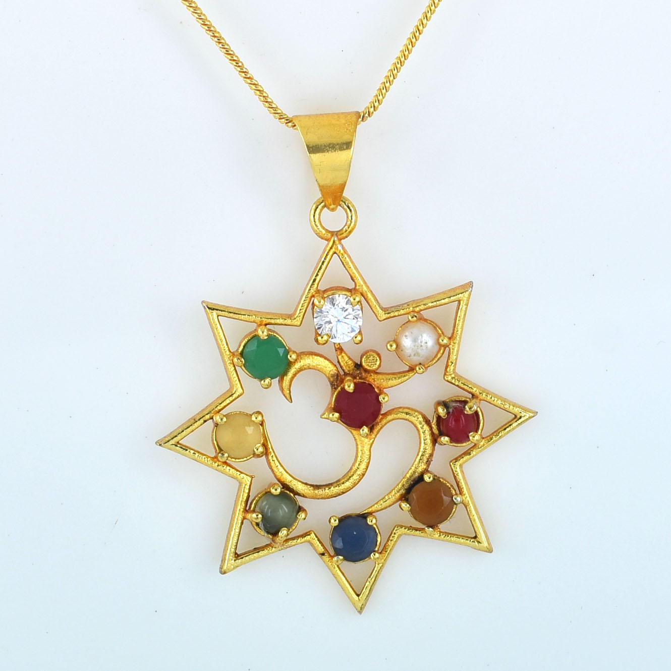 30.90 Ct Natural Navratna Om Pendant | Gold Plated Spiritual Gemstone Pendant - Image 5
