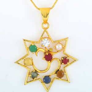30.90 Ct Natural Navratna Om Pendant | Gold Plated Spiritual Gemstone Pendant