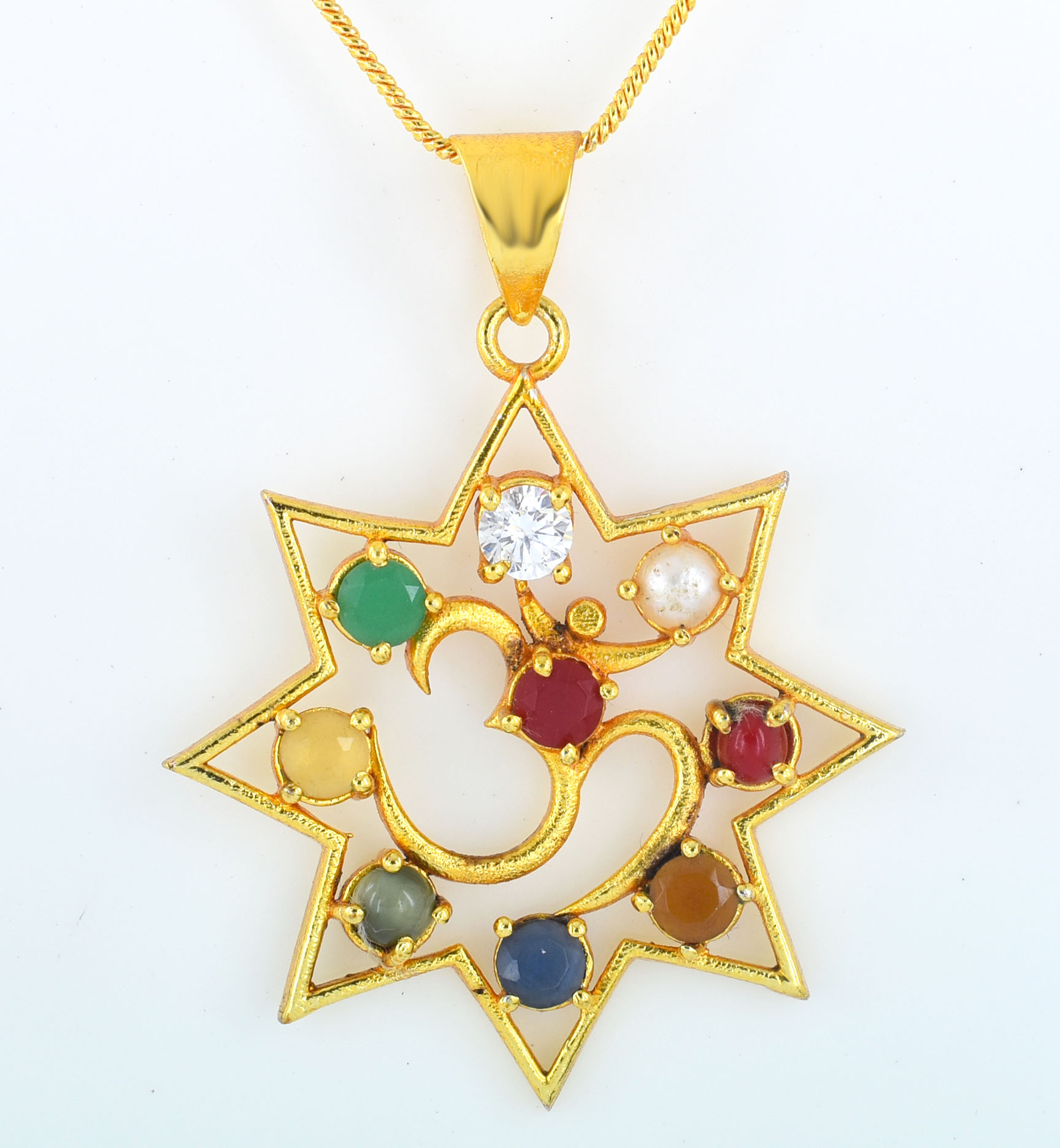 30.90 Ct Natural Navratna Om Pendant | Gold Plated Spiritual Gemstone Pendant