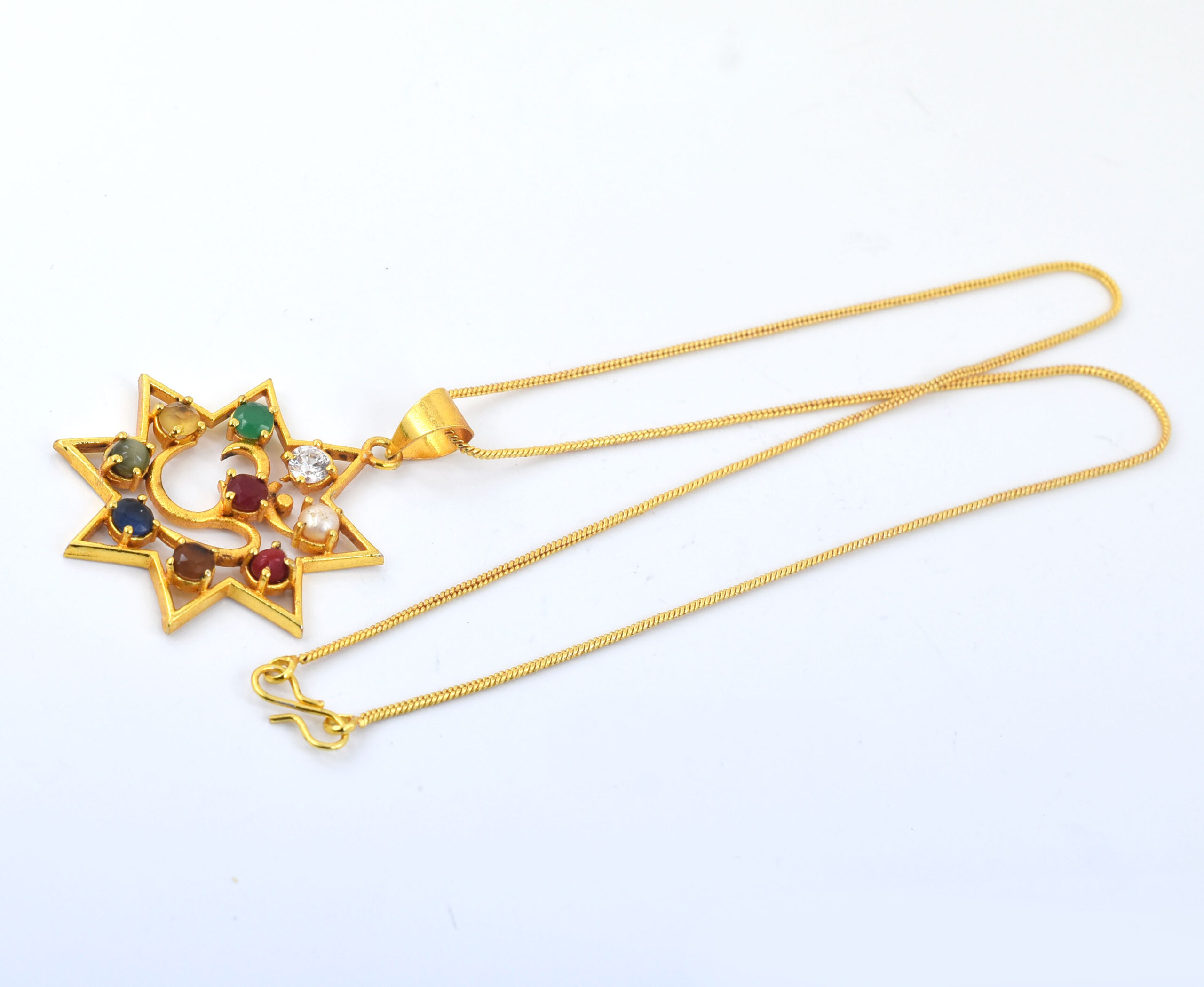 30.90 Ct Natural Navratna Om Pendant | Gold Plated Spiritual Gemstone Pendant - Image 3