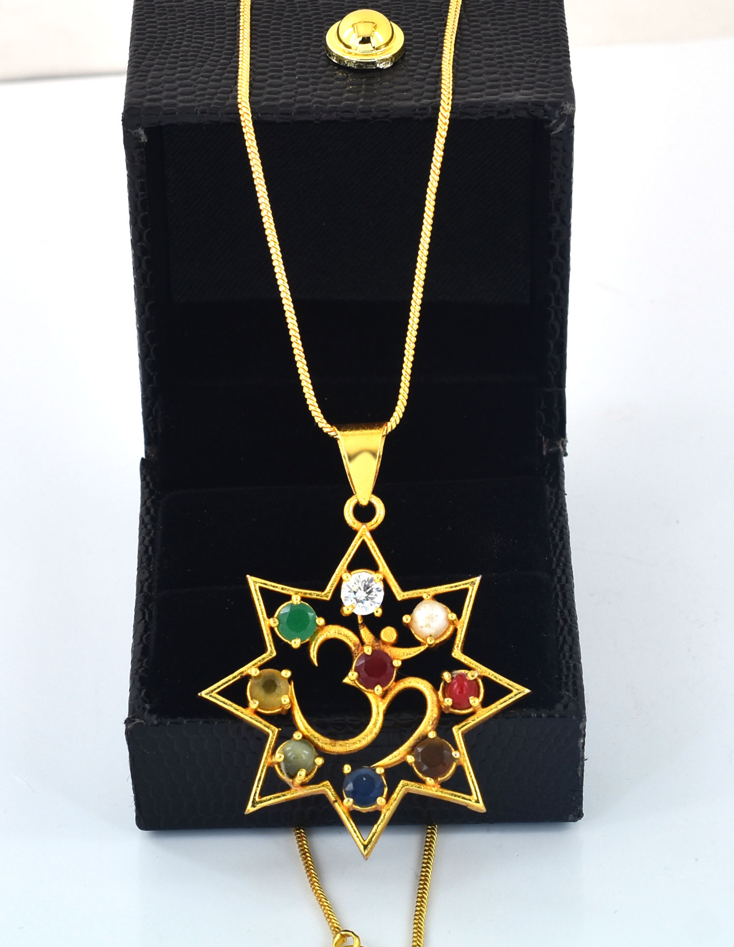 30.90 Ct Natural Navratna Om Pendant | Gold Plated Spiritual Gemstone Pendant - Image 2