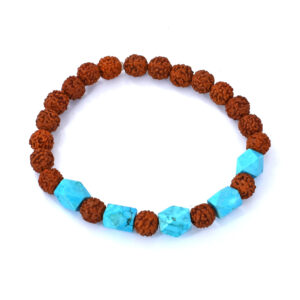 Natural Rudraksha & Turquoise Gemstone Bracelet – Spiritual Healing Stretch Bracelet