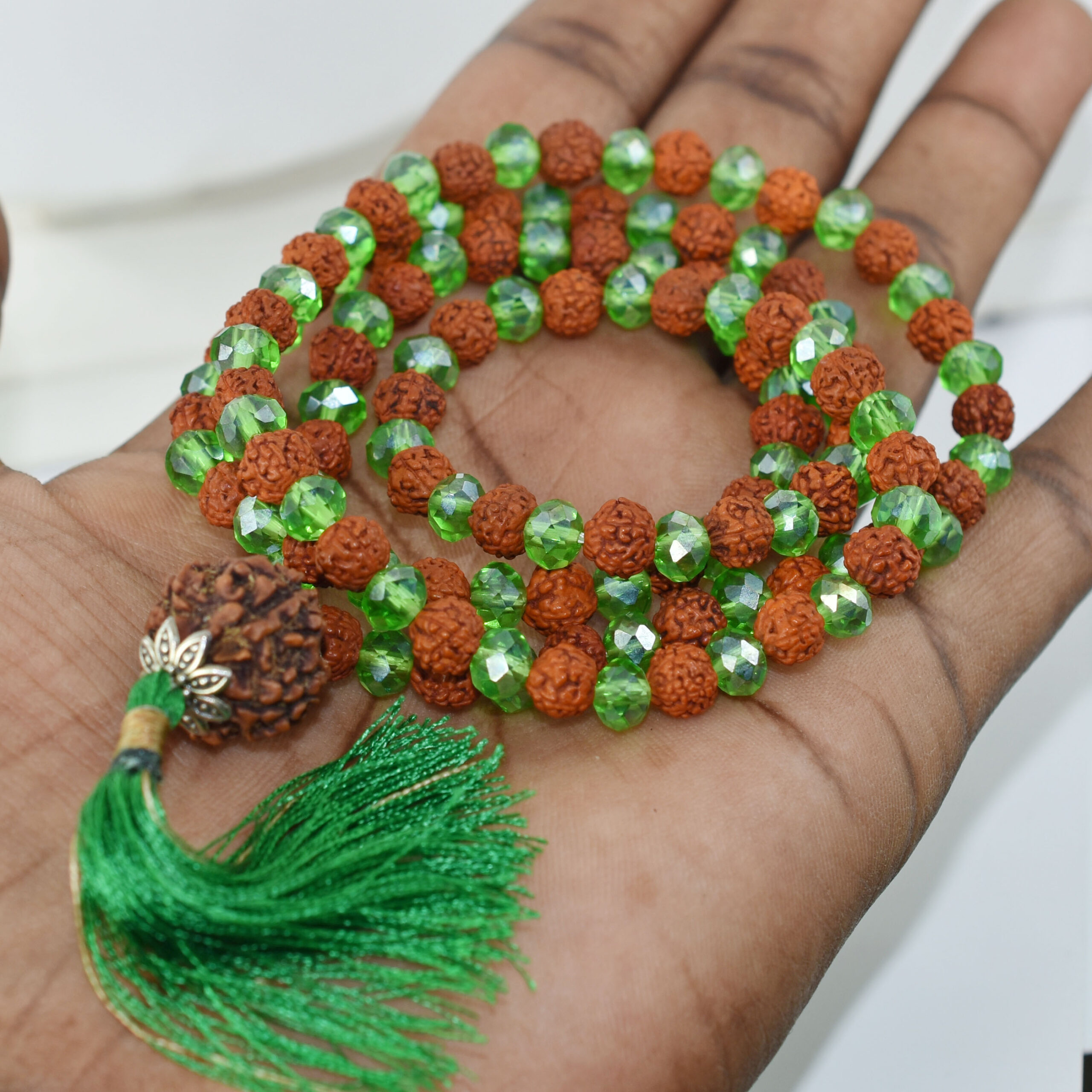 Natural Green Crystal & Rudraksha 126 Beads Mala | 21 g Handmade Prayer Necklace | Spiritual Meditation Jewelry