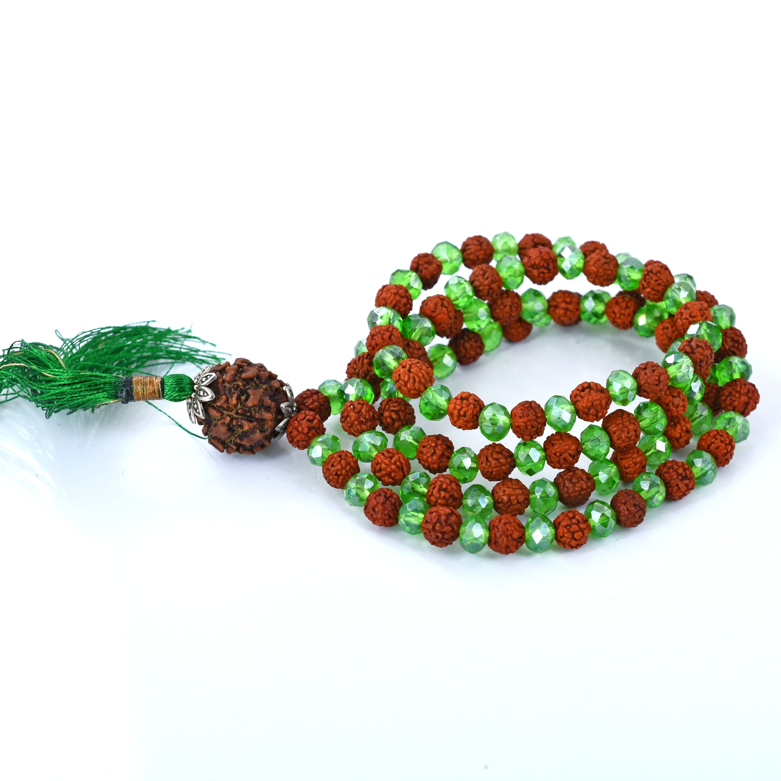 Natural Green Crystal & Rudraksha 126 Beads Mala | 21 g Handmade Prayer Necklace | Spiritual Meditation Jewelry - Image 3