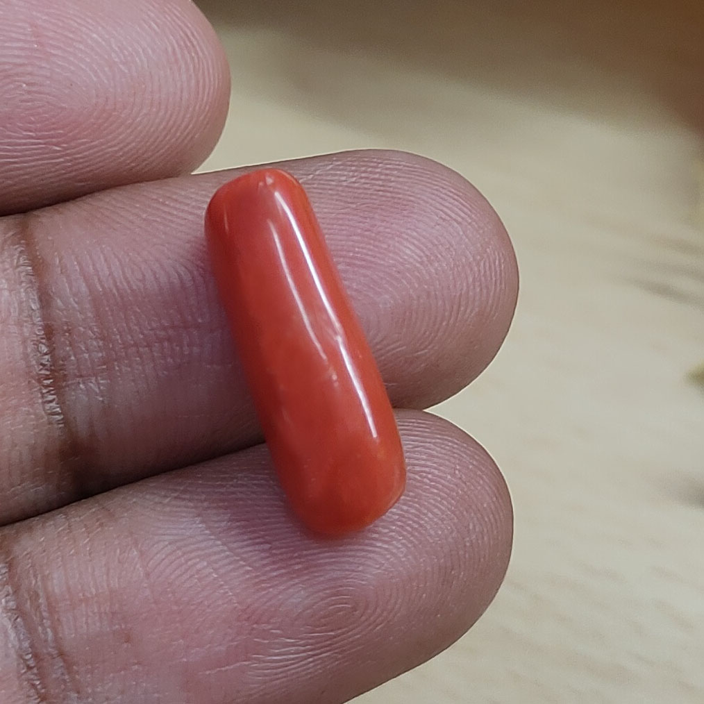 Natural Red Coral (Moonga) Gemstone – 4 Carat | Long Capsule Cabochon Cut - Image 2