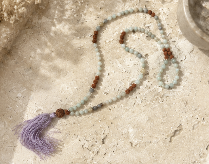 Natural Amazonite & Rudraksha 108 Beads Jaap Mala | Handmade Amazonite Prayer Necklace | Spiritual Meditation Jewelry - Image 2