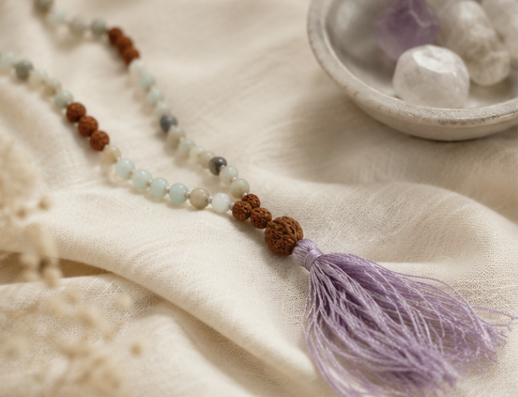 Natural Amazonite & Rudraksha 108 Beads Jaap Mala | Handmade Amazonite Prayer Necklace | Spiritual Meditation Jewelry