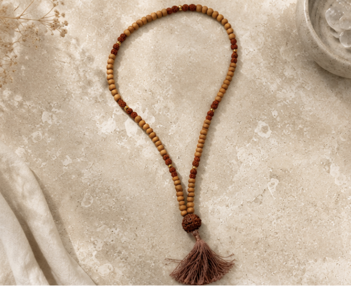 Natural Rudraksha & Sandalwood 107 Beads Jaap Mala | 23 g Handmade Prayer Necklace | Spiritual Meditation Jewelry - Image 5
