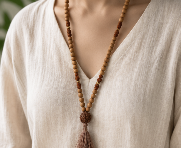 Natural Rudraksha & Sandalwood 107 Beads Jaap Mala | 23 g Handmade Prayer Necklace | Spiritual Meditation Jewelry