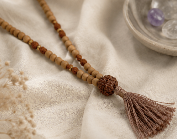 Natural Rudraksha & Sandalwood 107 Beads Jaap Mala | 23 g Handmade Prayer Necklace | Spiritual Meditation Jewelry - Image 3