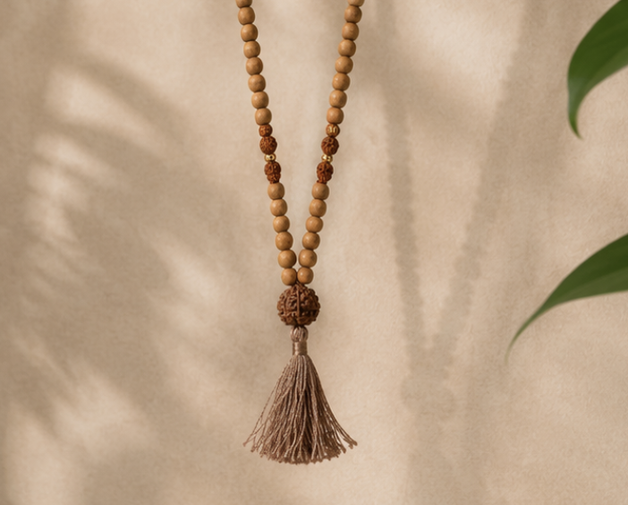 Natural Rudraksha & Sandalwood 107 Beads Jaap Mala | 23 g Handmade Prayer Necklace | Spiritual Meditation Jewelry - Image 2