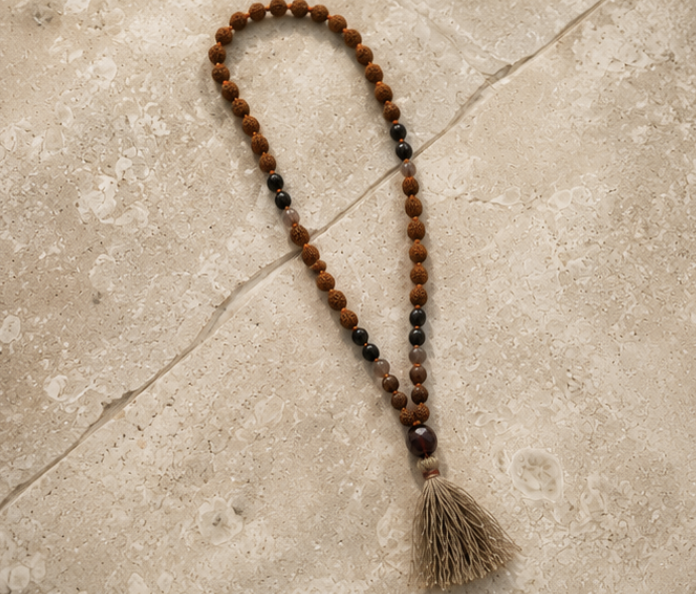 Natural Chalcedony & Rudraksha 110 Beads Jaap Mala | 22 g Handmade Prayer Necklace | Spiritual Meditation Jewelry - Image 2