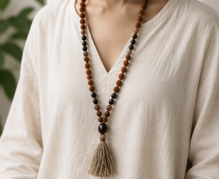 Natural Chalcedony & Rudraksha 110 Beads Jaap Mala | 22 g Handmade Prayer Necklace | Spiritual Meditation Jewelry - Image 3