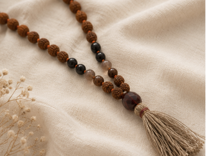 Natural Chalcedony & Rudraksha 110 Beads Jaap Mala | 22 g Handmade Prayer Necklace | Spiritual Meditation Jewelry