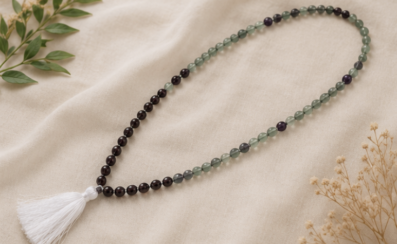 Natural Fluorite & Red Tiger Eye 109 Beads Mala | 45 g Handmade Gemstone Prayer Necklace | Healing Crystal Meditation Jewelry