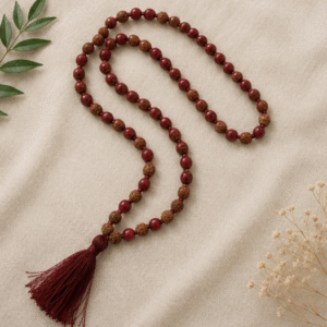 Natural Red Coral (Moonga) & Rudraksha 109 Beads Mala | 25 g Handmade Prayer Necklace | Spiritual Meditation Jewelry