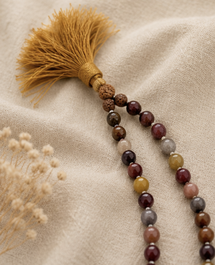 Natural Mookaite Jasper & Rudraksha 109 Beads Mala | 40 g Handmade Prayer Necklace | Spiritual Meditation Jewelry