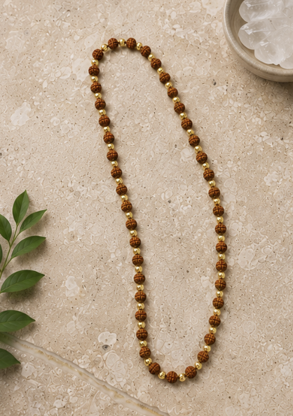 Natural Rudraksha Mala with Golden Accent Stones | 109 Beads Prayer Mala | 20 g Handmade Spiritual Meditation Necklace - Image 2