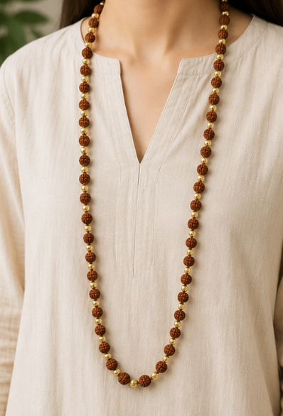Natural Rudraksha Mala with Golden Accent Stones | 109 Beads Prayer Mala | 20 g Handmade Spiritual Meditation Necklace - Image 3