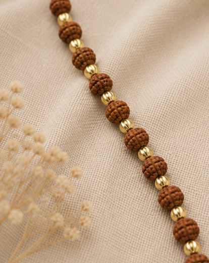Natural Rudraksha Mala with Golden Accent Stones | 109 Beads Prayer Mala | 20 g Handmade Spiritual Meditation Necklace