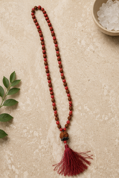 Natural Red Coral (Moonga) & Rudraksha 108 Beads Mala | 26 g Handmade Prayer Necklace | Spiritual Meditation Jewelry - Image 2