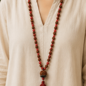 Natural Red Coral (Moonga) & Rudraksha 108 Beads Mala | 26 g Handmade Prayer Necklace | Spiritual Meditation Jewelry