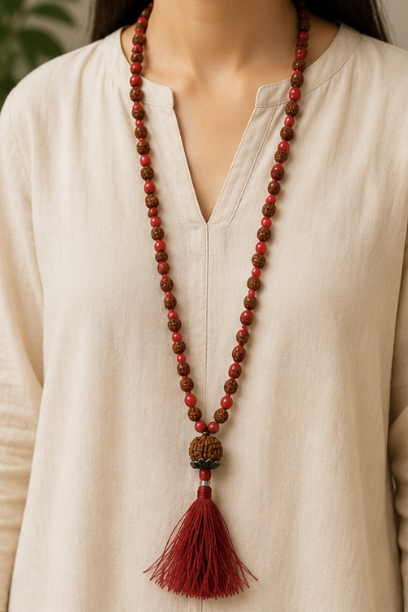 Natural Red Coral (Moonga) & Rudraksha 108 Beads Mala | 26 g Handmade Prayer Necklace | Spiritual Meditation Jewelry