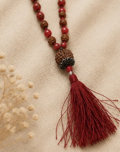 Natural Red Coral (Moonga) & Rudraksha 108 Beads Mala | 26 g Handmade Prayer Necklace | Spiritual Meditation Jewelry - Image 4