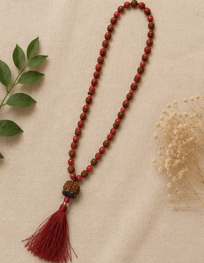 Natural Red Coral (Moonga) & Rudraksha 108 Beads Mala | 26 g Handmade Prayer Necklace | Spiritual Meditation Jewelry - Image 5