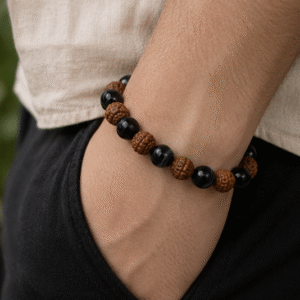Natural Black Banded Agate & Rudraksha Bracelet | 13 g Handmade Healing Crystal Bracelet | Spiritual Gemstone Jewelry