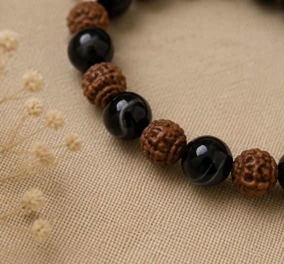 Natural Black Banded Agate & Rudraksha Bracelet | 13 g Handmade Healing Crystal Bracelet | Spiritual Gemstone Jewelry - Image 4