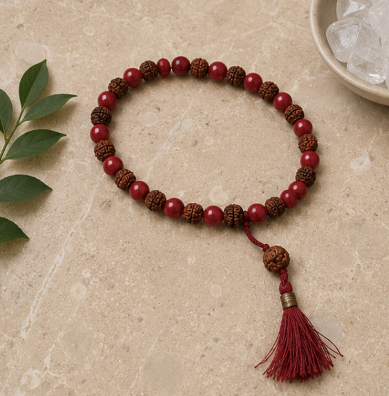 Natural Red Coral (Moonga) & Rudraksha Bracelet | 8 g Handmade Spiritual Gemstone Bracelet - Image 5