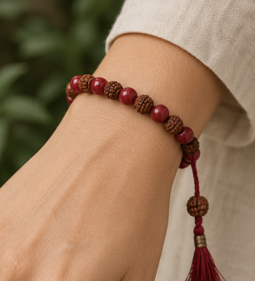 Natural Red Coral (Moonga) & Rudraksha Bracelet | 8 g Handmade Spiritual Gemstone Bracelet