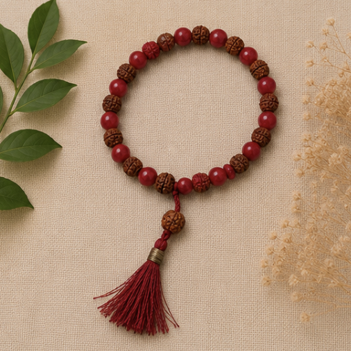 Natural Red Coral (Moonga) & Rudraksha Bracelet | 8 g Handmade Spiritual Gemstone Bracelet - Image 3