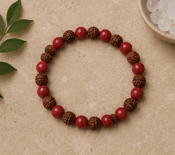 Natural Red Coral (Moonga) & Rudraksha Bracelet | 9 g Handmade Spiritual Gemstone Bracelet - Image 2